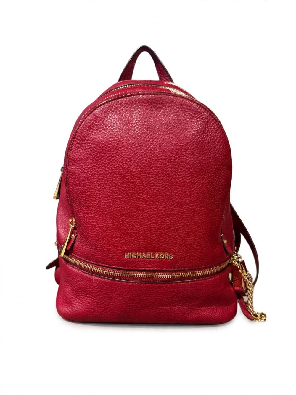 Michael Kors Rhea Backpack Cherry Red Pebble Leather Medium Gold Zip